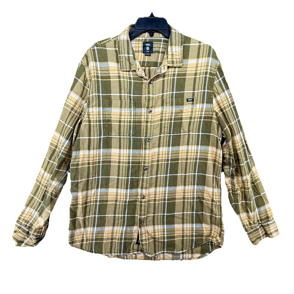 VANS Mens Flannel Shirt Large Tan Green Plaid Button Up‎ Long Sleeve Classic Fit